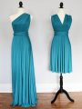 Teal Sleeveless Floor Length Ruching Lace Up Wedding Party Dress