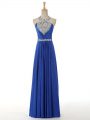 Extravagant Beading and Ruching Going Out Dresses Royal Blue Zipper Sleeveless Floor Length