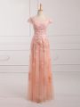 Peach Empire Scoop Cap Sleeves Tulle Floor Length Lace Up Lace and Appliques and Belt Mother Of The Bride Dress