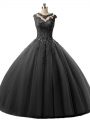 Black Ball Gowns Scoop Sleeveless Tulle Floor Length Lace Up Beading and Lace Vestidos de Quinceanera