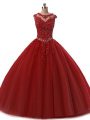 Wine Red Tulle Lace Up Quinceanera Dress Sleeveless Floor Length Beading and Lace