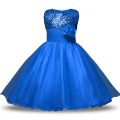 Blue Sleeveless Knee Length Bowknot and Belt and Hand Made Flower Zipper Flower Girl Dresses