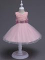 Modern Sleeveless Knee Length Lace and Bowknot Zipper Little Girl Pageant Gowns with Baby Pink