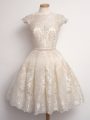 Knee Length Champagne Wedding Party Dress Scalloped Cap Sleeves Lace Up