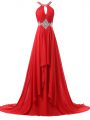 Chiffon Halter Top Sleeveless Brush Train Lace Up Beading and Ruching Womens Evening Dresses in Red