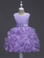 Latest Knee Length Lavender Kids Pageant Dress Organza Sleeveless Ruffles and Belt