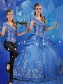 Blue Lace Up Off The Shoulder Beading and Embroidery Sweet 16 Dresses Organza Cap Sleeves