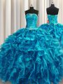 Glamorous Strapless Sleeveless Organza 15th Birthday Dress Beading and Ruffles Lace Up