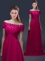 Edgy Fuchsia Lace Up Off The Shoulder Appliques Mother Of The Bride Dress Chiffon Short Sleeves