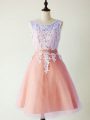 Beautiful Peach A-line Scoop Sleeveless Tulle Knee Length Lace Up Lace Dama Dress for Quinceanera