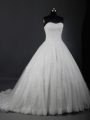 White Ball Gowns Tulle Strapless Sleeveless Beading and Lace Lace Up Wedding Dresses Brush Train