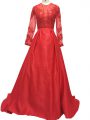 Zipper Mother Of The Bride Dress Red for Prom and Party and Military Ball and Sweet 16 with Lace and Appliques Brush Train
