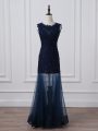 Superior Floor Length Navy Blue Mother Of The Bride Dress Tulle Sleeveless Lace and Appliques