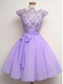 Knee Length Lavender Quinceanera Court Dresses Scalloped Cap Sleeves Lace Up
