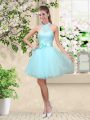 Edgy Aqua Blue Lace Up Halter Top Lace and Belt Quinceanera Court Dresses Tulle Sleeveless