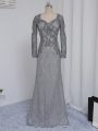 Grey Column/Sheath Lace Sweetheart Long Sleeves Beading and Lace Floor Length Zipper Mother Of The Bride Dress