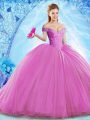 Off The Shoulder Sleeveless Quinceanera Gown Brush Train Beading Lilac Organza