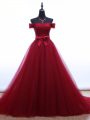 Burgundy Tulle Lace Up Off The Shoulder Sleeveless Evening Outfits Brush Train Ruching and Belt