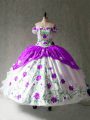 Floor Length White And Purple 15 Quinceanera Dress Organza and Taffeta Cap Sleeves Embroidery and Ruffles