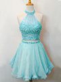 Cheap Aqua Blue Sleeveless Organza Lace Up Dama Dress for Quinceanera for Prom and Party and Wedding Party