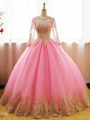 Ball Gowns Quinceanera Dresses Pink Scoop Organza Long Sleeves Floor Length Lace Up