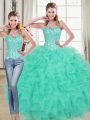 Best Lace Up Sweet 16 Quinceanera Dress Turquoise for Prom and Party and Military Ball and Sweet 16 and Quinceanera with Beading and Ruffled Layers Brush Train
