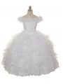 White Organza Lace Up Pageant Gowns For Girls Sleeveless Floor Length Ruffles and Ruffled Layers