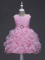 Knee Length Rose Pink Little Girl Pageant Dress Organza Sleeveless Ruffles and Belt