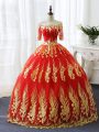 Half Sleeves Floor Length Appliques Lace Up Quinceanera Gowns with Red