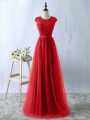 Short Sleeves Floor Length Lace Zipper Prom Evening Gown with Red