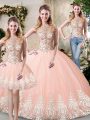 Dramatic Sleeveless Floor Length Beading and Lace and Appliques Backless 15 Quinceanera Dress with Peach