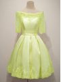 Cute Knee Length A-line Half Sleeves Yellow Bridesmaid Gown Lace Up