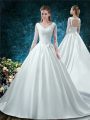Shining White Ball Gowns Satin V-neck 3 4 Length Sleeve Lace and Belt Lace Up Wedding Dresses Chapel Train