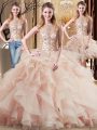 Lace Up Quinceanera Dresses Peach for Military Ball and Sweet 16 and Quinceanera with Beading and Ruffles Brush Train