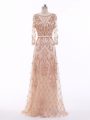 Peach Evening Wear Tulle Long Sleeves Beading