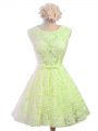 Glamorous Yellow Green Lace Lace Up Scoop Sleeveless Knee Length Wedding Party Dress Belt