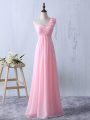 Baby Pink Chiffon Zipper Bridesmaid Dresses Sleeveless Floor Length Ruffles and Ruching