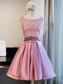 Lilac Satin Lace Up Prom Dresses Sleeveless Mini Length Lace and Appliques and Belt