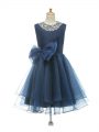 Latest Navy Blue Sleeveless Knee Length Beading and Bowknot Zipper Kids Pageant Dress