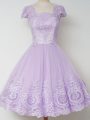 Amazing Lavender Tulle Zipper Bridesmaid Gown Cap Sleeves Knee Length Lace