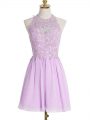 Exceptional Lavender Empire Halter Top Sleeveless Chiffon Knee Length Lace Up Appliques Bridesmaid Dresses