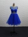 A-line Prom Evening Gown Royal Blue Scoop Tulle Sleeveless Mini Length Zipper