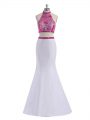 Custom Design White Prom Evening Gown Prom and Party and Military Ball with Beading Halter Top Sleeveless Criss Cross