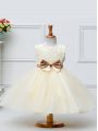 Unique Sleeveless Tulle Knee Length Zipper Kids Formal Wear in Champagne with Lace and Bowknot