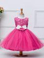 Scoop Sleeveless Child Pageant Dress Knee Length Lace and Bowknot Hot Pink Tulle