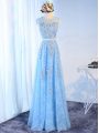 Super Baby Blue Zipper Party Dress for Toddlers Beading and Lace and Appliques and Belt Sleeveless Floor Length