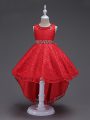 Sleeveless High Low Beading Lace Up Little Girls Pageant Gowns with Red