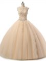 Suitable Tulle Scoop Sleeveless Lace Up Beading and Lace Vestidos de Quinceanera in Champagne