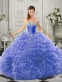 Blue Ball Gowns Sweetheart Sleeveless Organza Court Train Lace Up Beading and Ruffles Quinceanera Gown