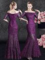 Pretty Mermaid Off the Shoulder Floor Length Lace Up Mother Of The Bride Dress Purple for Prom and Party with Lace